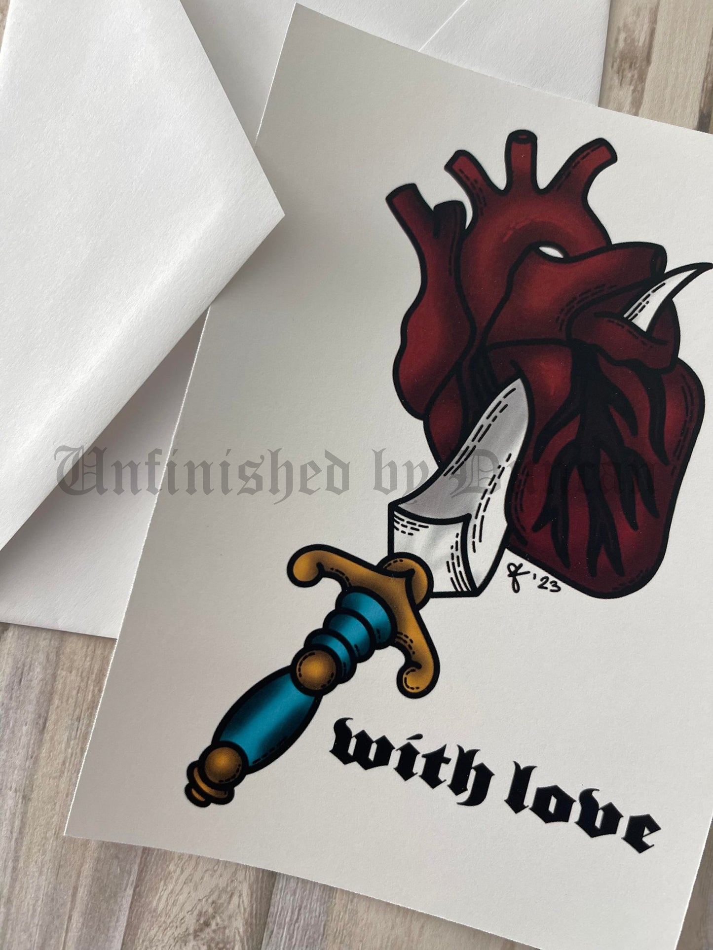 With Love Postcard | Dagger & Anatomical Heart Traditional Tattoo Inspired Art Design