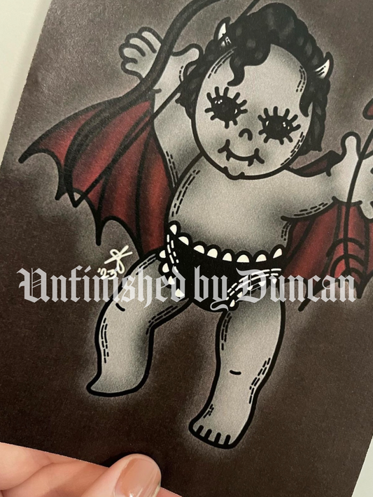 Demon Cupid Postcard | Valentines, Galentines, Demonic, Kewpie Doll Inspired, Traditional Tattoo Inspired Art Design