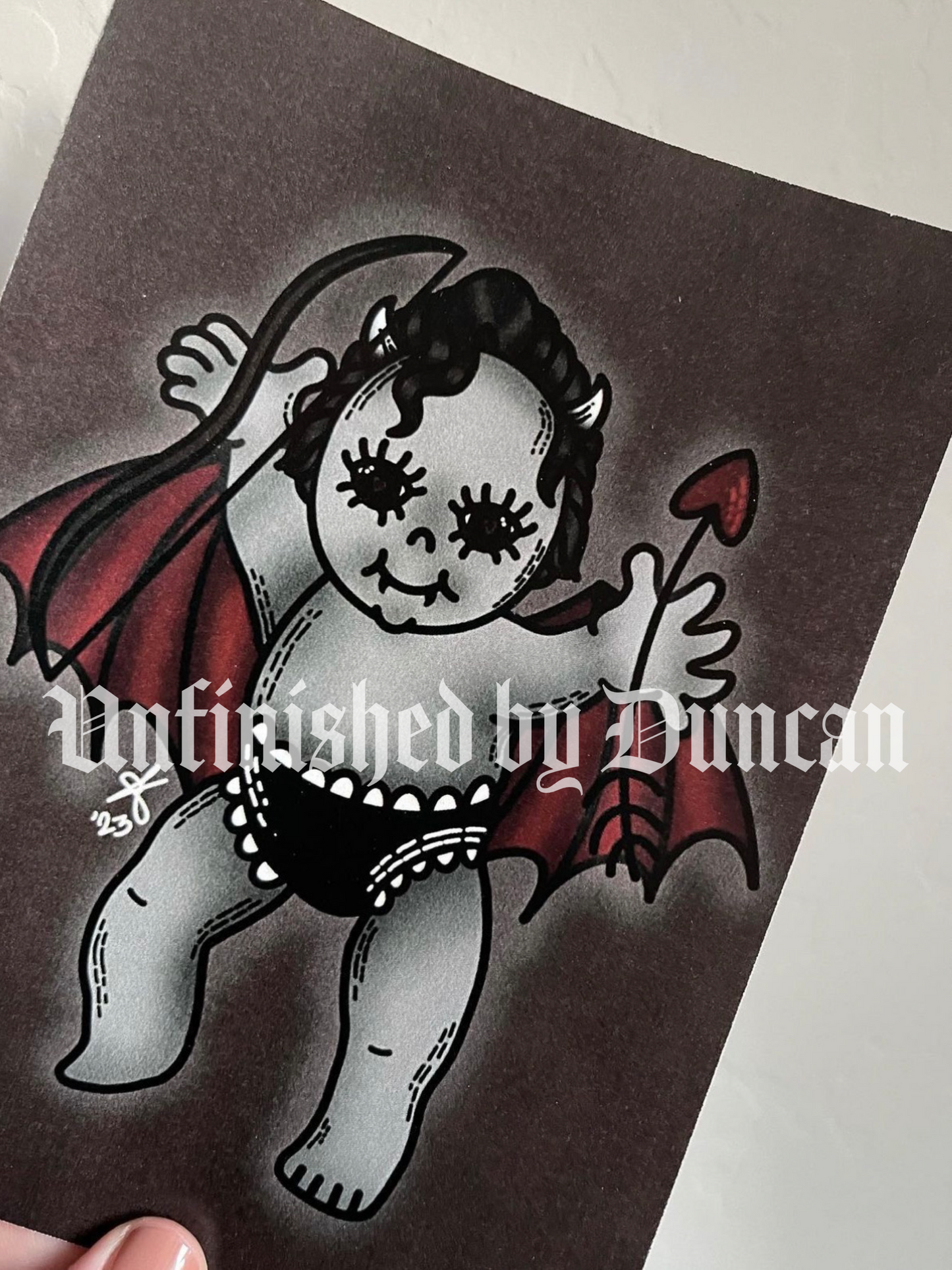 Demon Cupid Postcard | Valentines, Galentines, Demonic, Kewpie Doll Inspired, Traditional Tattoo Inspired Art Design