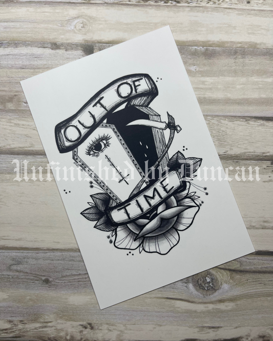 Out of Time Postcard | B&W Reaper, Coffin, & Traditional Tattoo Rose Inspired Art Design