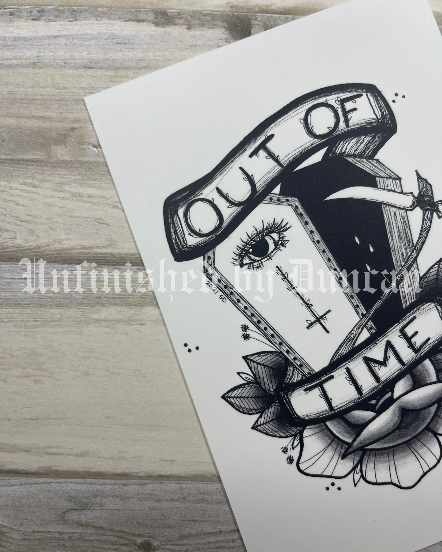 Out of Time Postcard | B&W Reaper, Coffin, & Traditional Tattoo Rose Inspired Art Design