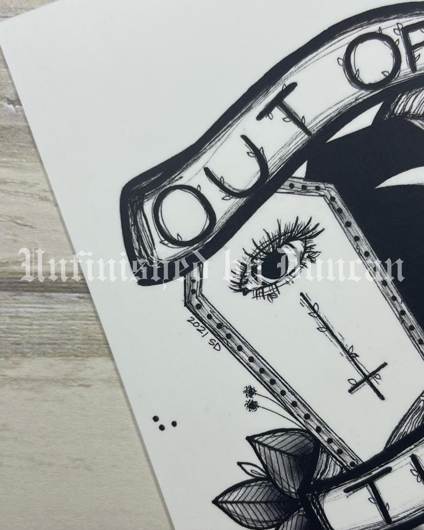 Out of Time Postcard | B&W Reaper, Coffin, & Traditional Tattoo Rose Inspired Art Design