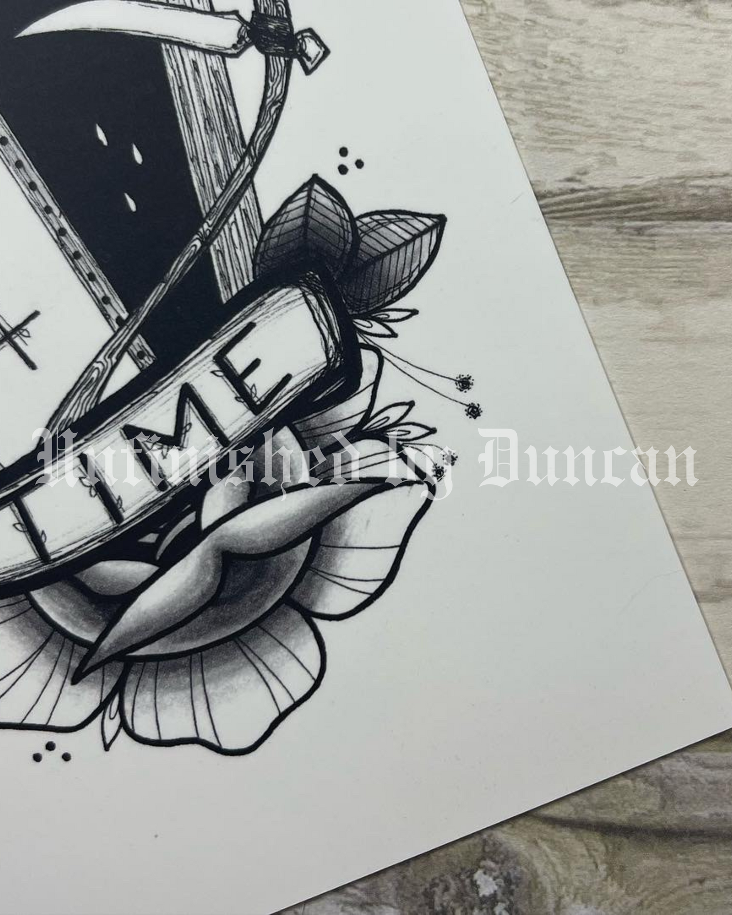 Out of Time Postcard | B&W Reaper, Coffin, & Traditional Tattoo Rose Inspired Art Design