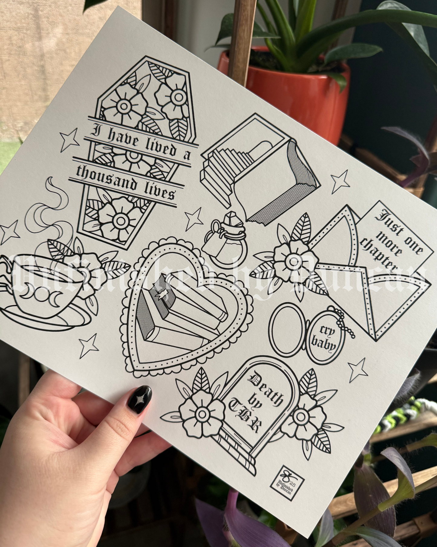 Bookish (#1) Coloring Page | Traditional Tattoo Inspired Art Print Flash Sheet