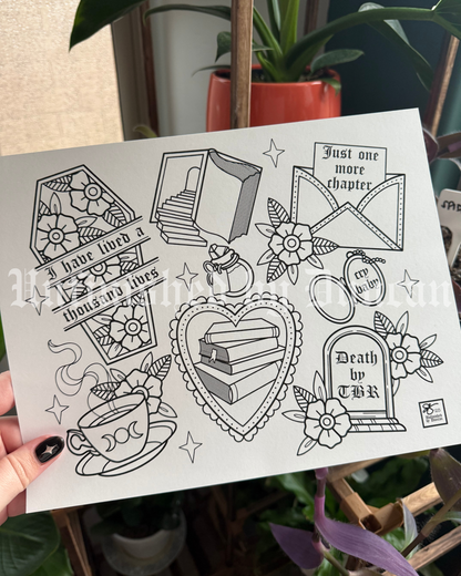 Bookish (#1) Coloring Page | Traditional Tattoo Inspired Art Print Flash Sheet