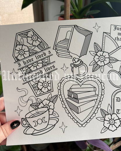 Bookish (#1) Coloring Page | Traditional Tattoo Inspired Art Print Flash Sheet