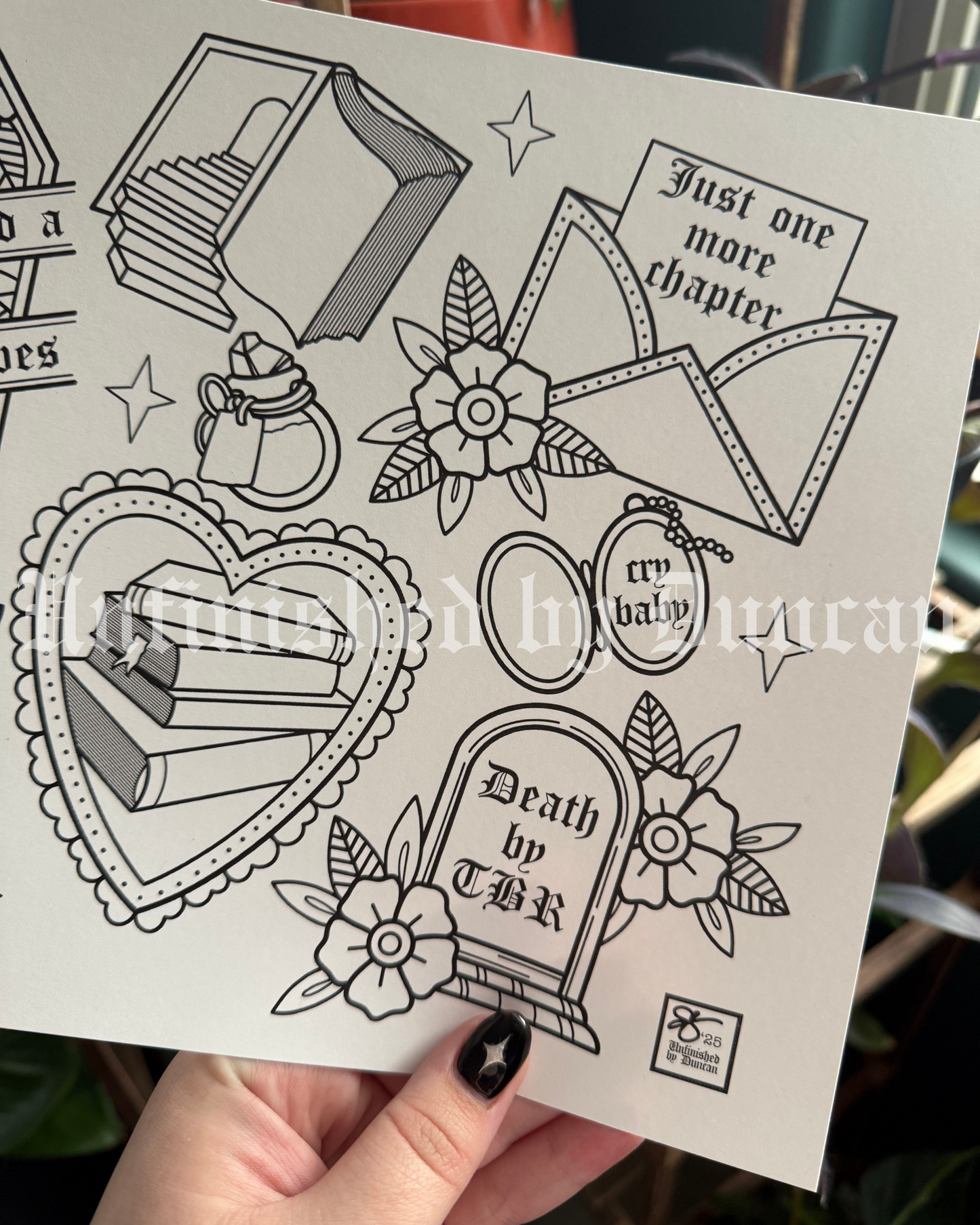 Bookish (#1) Coloring Page | Traditional Tattoo Inspired Art Print Flash Sheet