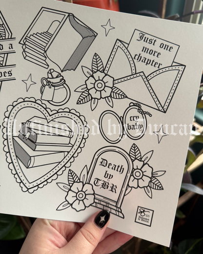 Bookish (#1) Coloring Page | Traditional Tattoo Inspired Art Print Flash Sheet