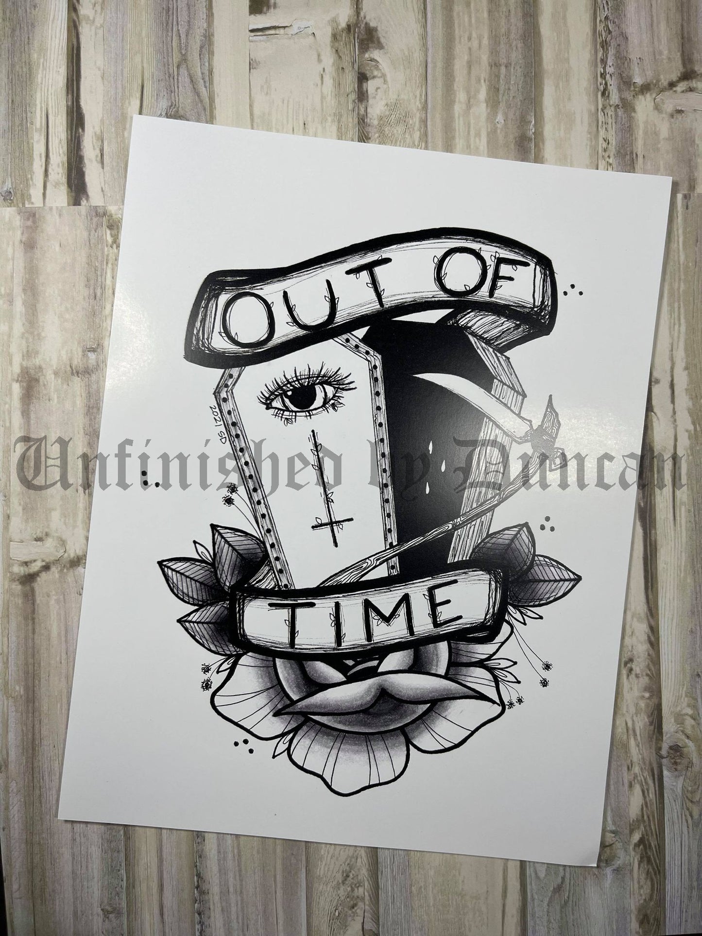 Out of Time | B&W Reaper, Coffin, & Traditional Tattoo Rose Inspired Art Print