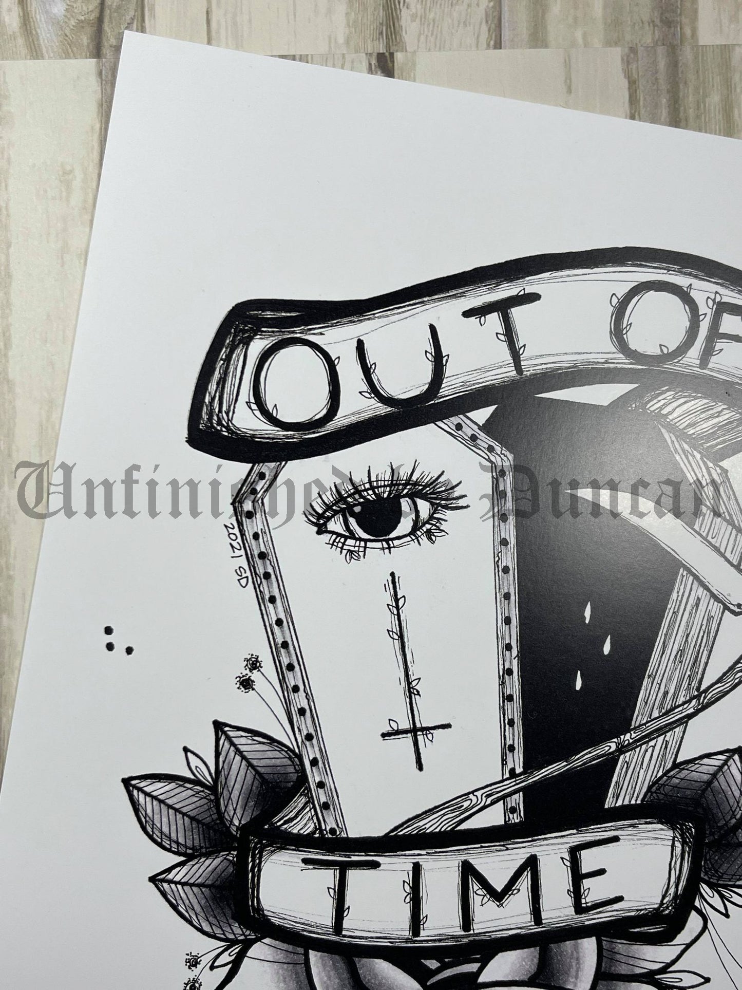 Out of Time | B&W Reaper, Coffin, & Traditional Tattoo Rose Inspired Art Print