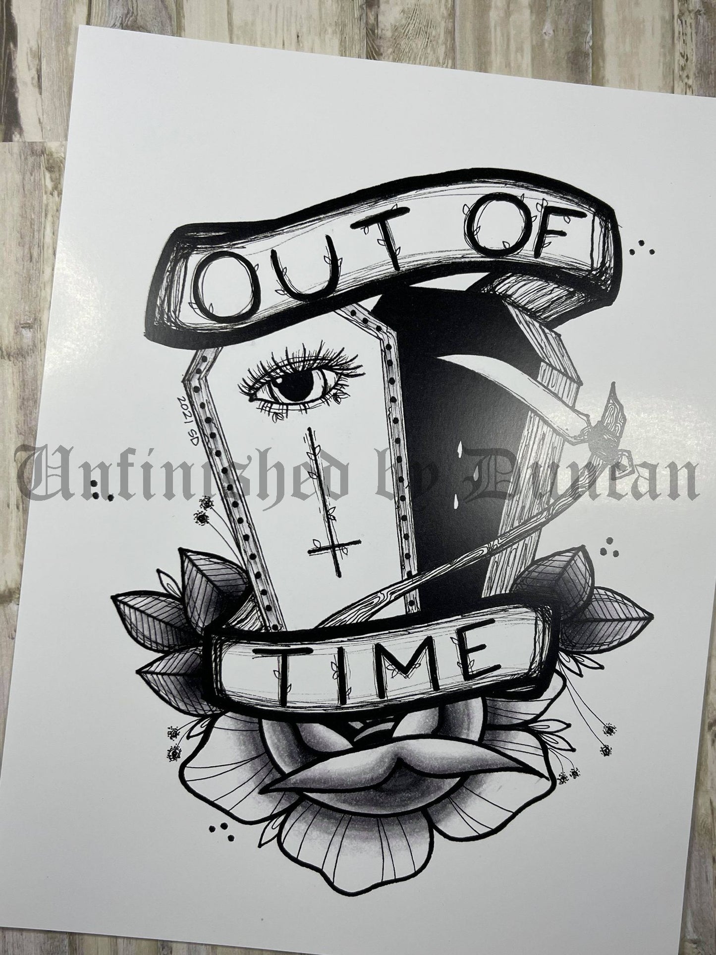 Out of Time | B&W Reaper, Coffin, & Traditional Tattoo Rose Inspired Art Print