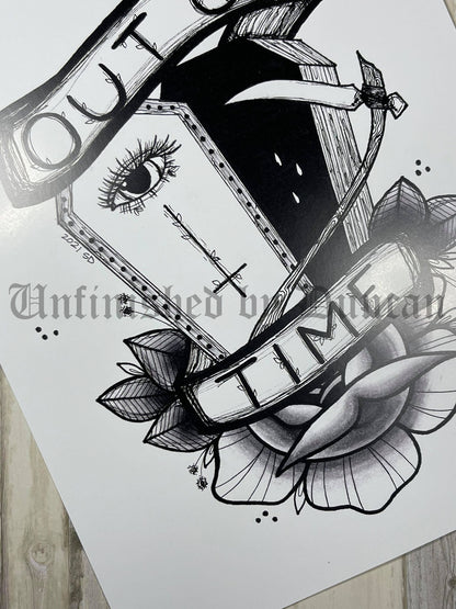 Out of Time | B&W Reaper, Coffin, & Traditional Tattoo Rose Inspired Art Print