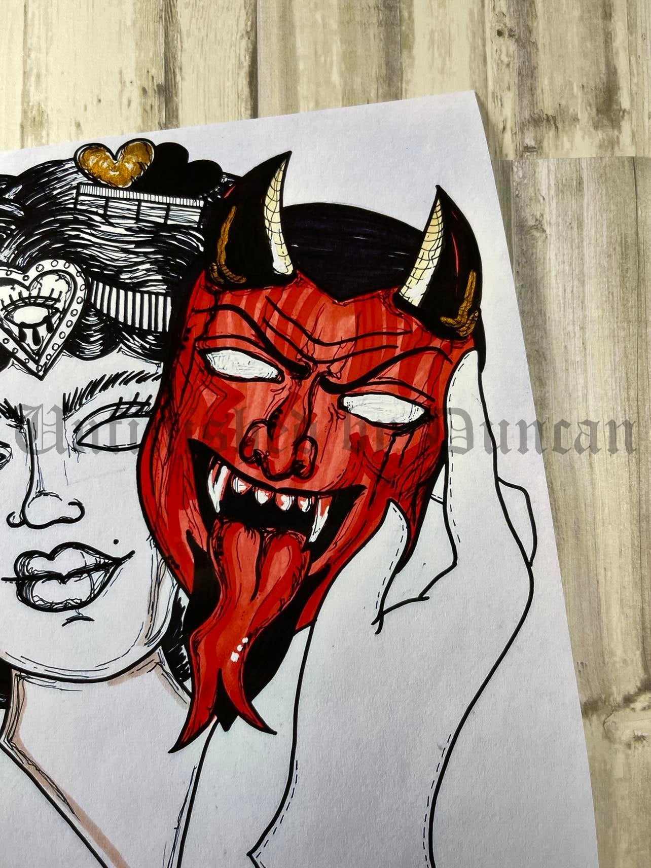 Female Masked Devil | Traditional Tattoo Inspired Art Print (Last Call)