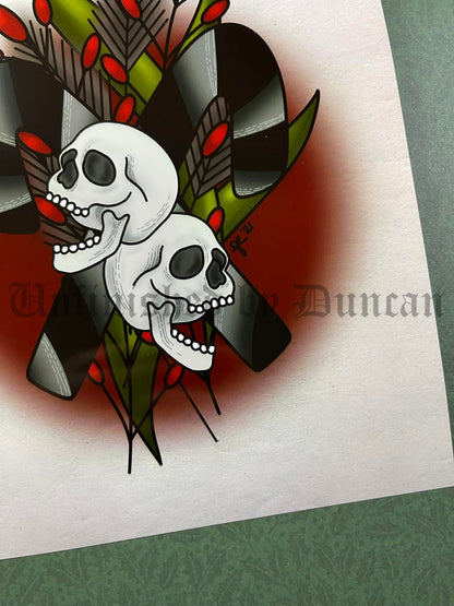 Holiday Candy Canes | Winter Holiday, Mistletoe, Skeletal, Traditional Tattoo Inspired Art Print