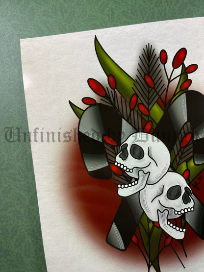 Holiday Candy Canes | Winter Holiday, Mistletoe, Skeletal, Traditional Tattoo Inspired Art Print