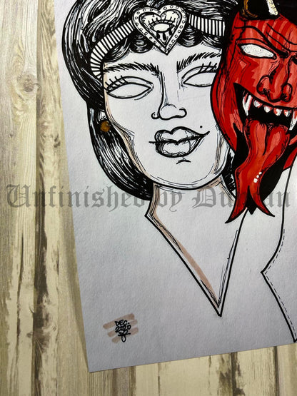 Female Masked Devil | Traditional Tattoo Inspired Art Print (Last Call)