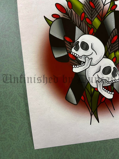 Holiday Candy Canes | Winter Holiday, Mistletoe, Skeletal, Traditional Tattoo Inspired Art Print