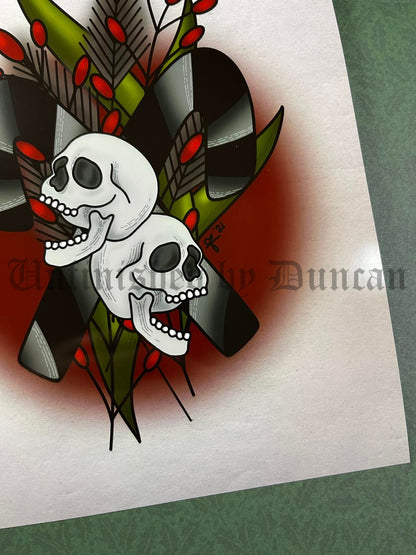 Holiday Candy Canes | Winter Holiday, Mistletoe, Skeletal, Traditional Tattoo Inspired Art Print