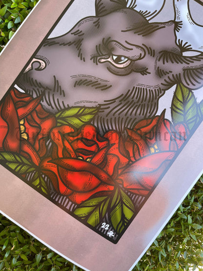 Omen | Roses, Floral, Flora, Deer, Traditional Tattoo Inspired Art Print (Last Call)