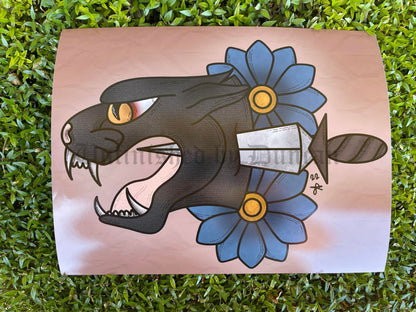 Ghost of the Forest | Roses, Floral, Flora, Panther, Traditional Tattoo Inspired Art Print (Last Call)
