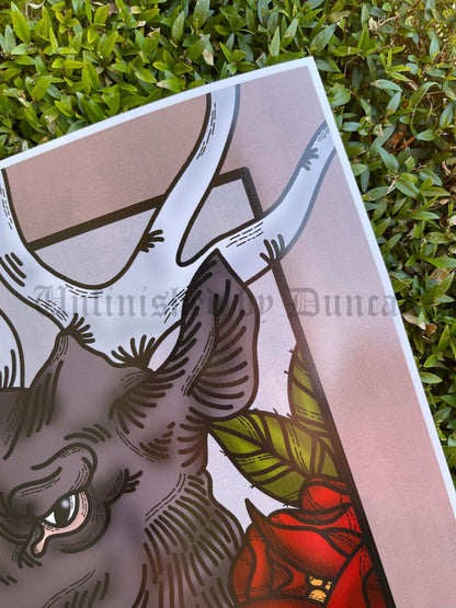Omen | Roses, Floral, Flora, Deer, Traditional Tattoo Inspired Art Print (Last Call)