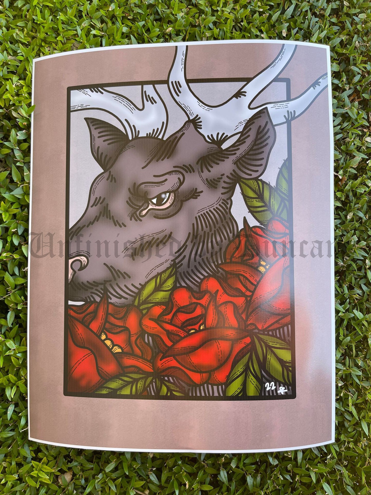 Omen | Roses, Floral, Flora, Deer, Traditional Tattoo Inspired Art Print (Last Call)