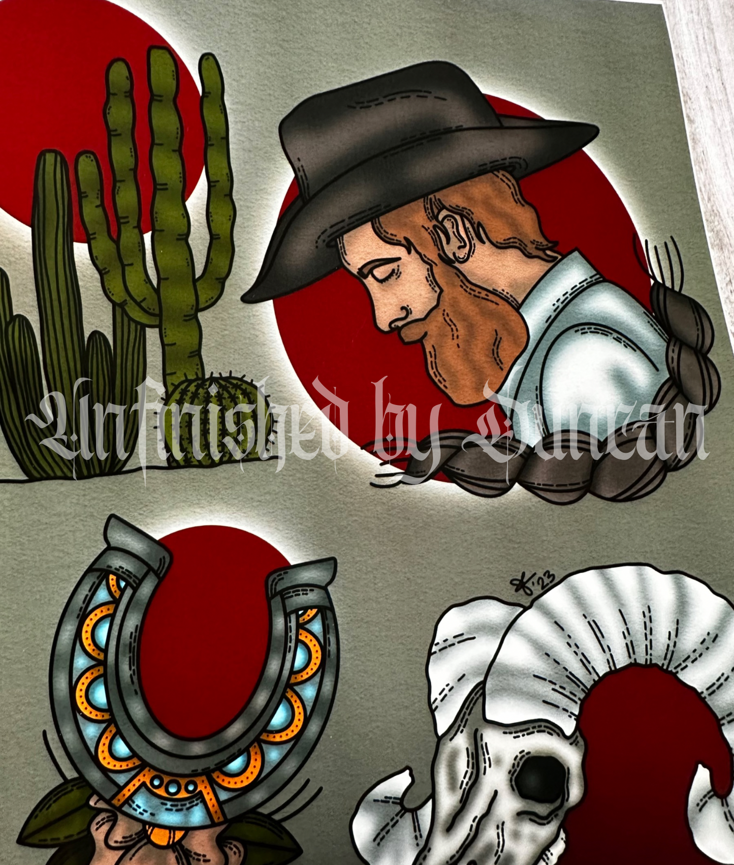 Western Cowboy | Skeletal, Desert, Arizonian, Traditional Tattoo Art Print Flash Sheet