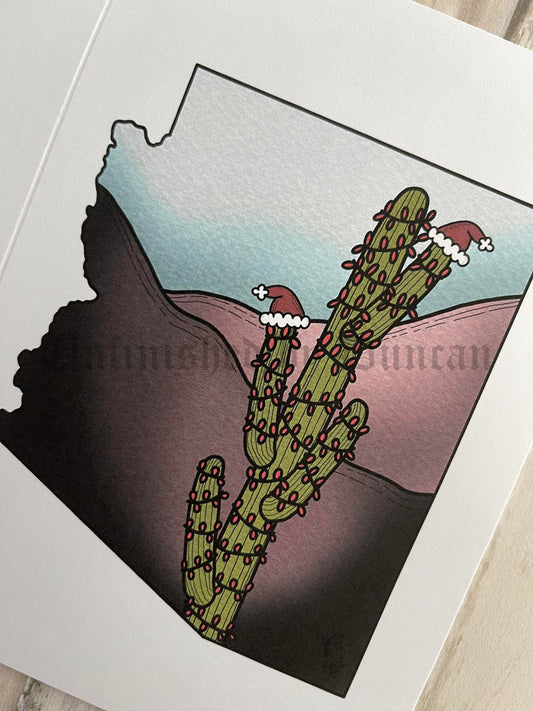 Holiday Saguaro | Christmas, Winter Holiday, Cactus, Christmas Lights, Traditional Tattoo Inspired Art Design