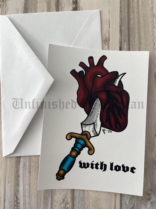 With Love Postcard | Dagger & Anatomical Heart Traditional Tattoo Inspired Art Design