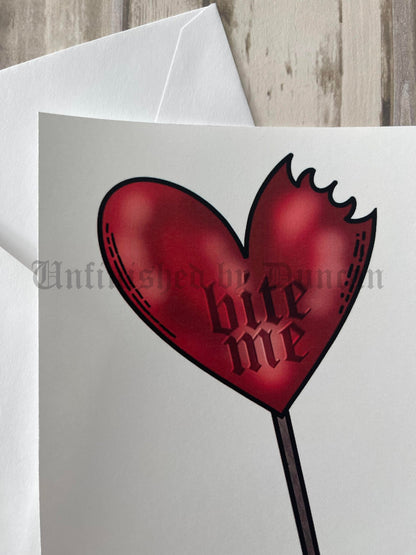 Bite Me Postcard | Valentines, Galentines, Lover, Vampire Bite, Lollipop Traditional Tattoo Inspired Art Design