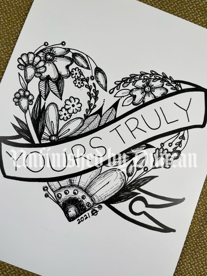 Yours Truly | Galetines, Valentines, B&W Floral, Traditional Tattoo Art Print