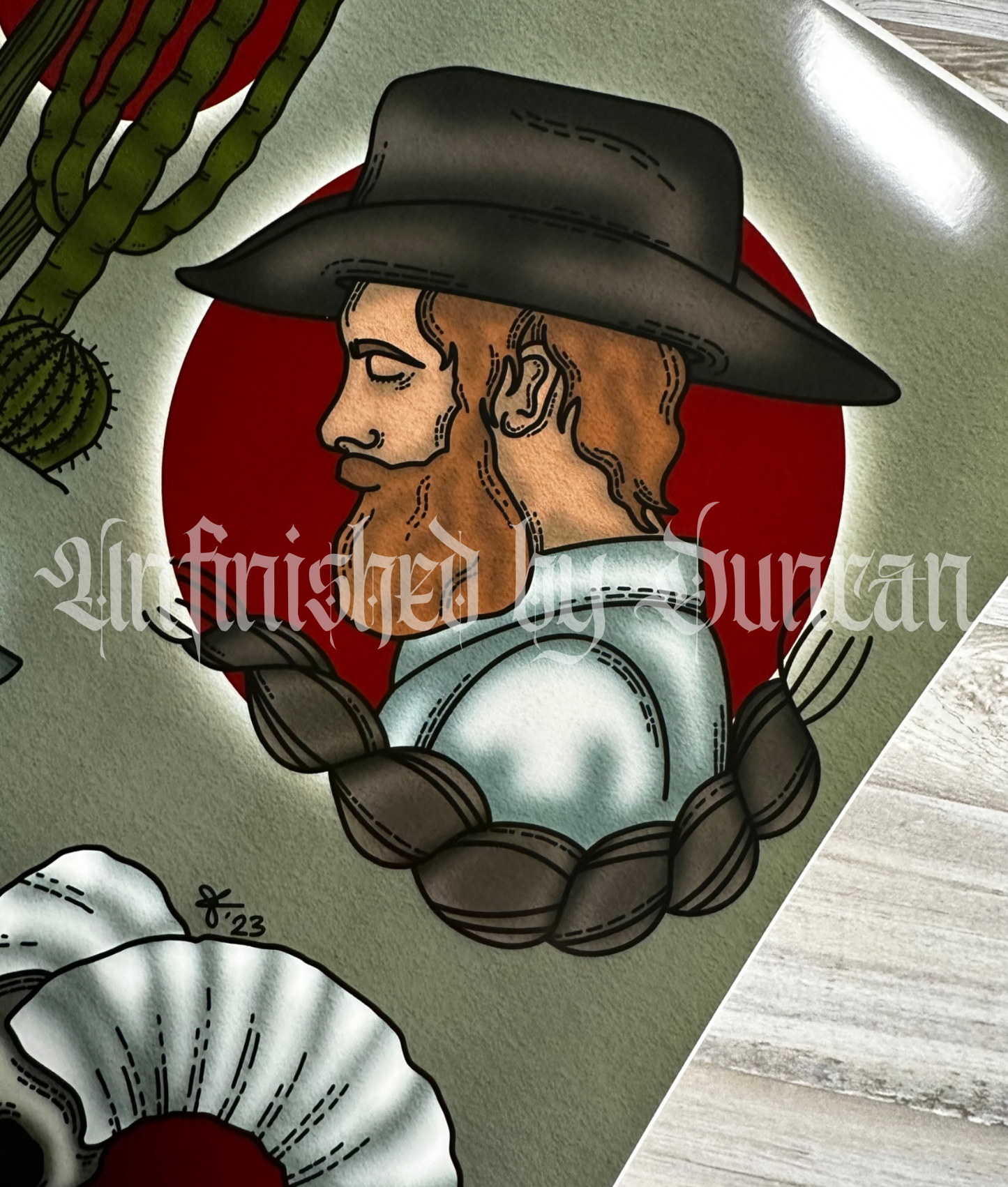 Western Cowboy | Skeletal, Desert, Arizonian, Traditional Tattoo Art Print Flash Sheet