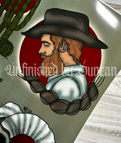 Western Cowboy | Skeletal, Desert, Arizonian, Traditional Tattoo Art Print Flash Sheet