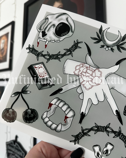 B&W Flash Sheet | Cat Skull, Oddities, Spider Web, Matches, Traditional Tattoo Flash