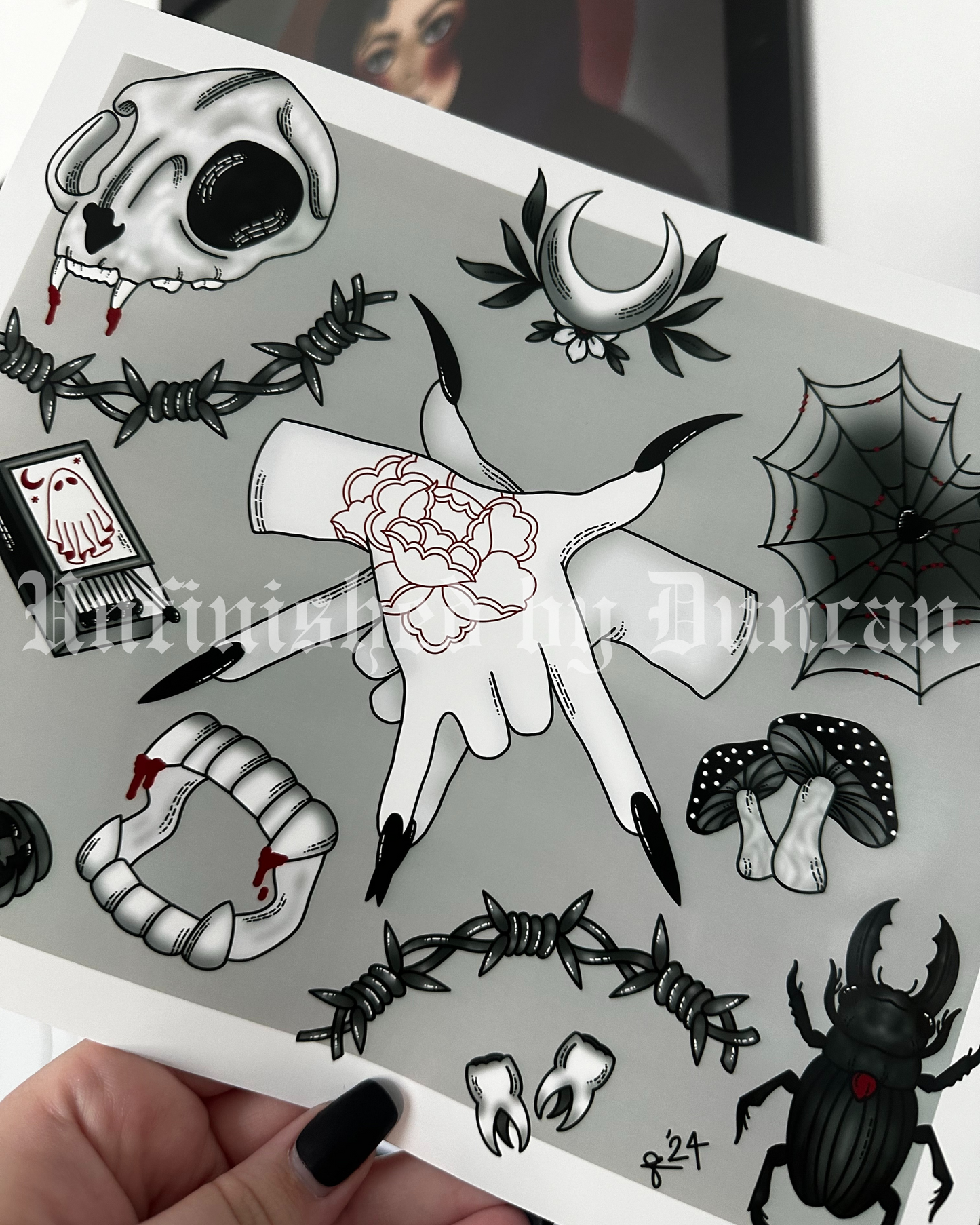 B&W Flash Sheet | Cat Skull, Oddities, Spider Web, Matches, Traditional Tattoo Flash