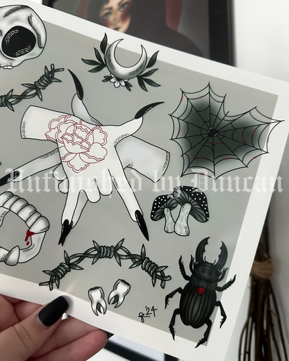 B&W Flash Sheet | Cat Skull, Oddities, Spider Web, Matches, Traditional Tattoo Flash