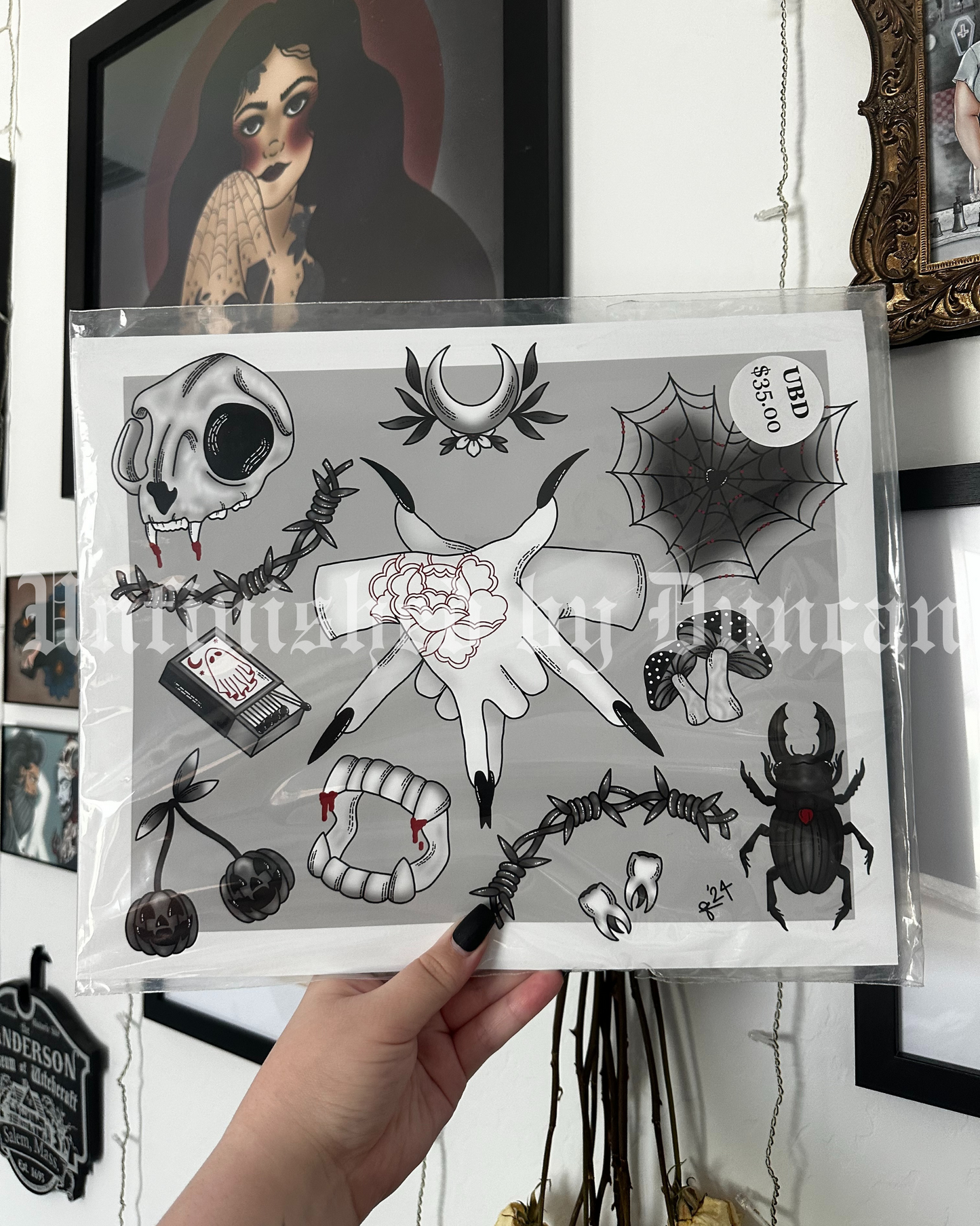 B&W Flash Sheet | Cat Skull, Oddities, Spider Web, Matches, Traditional Tattoo Flash