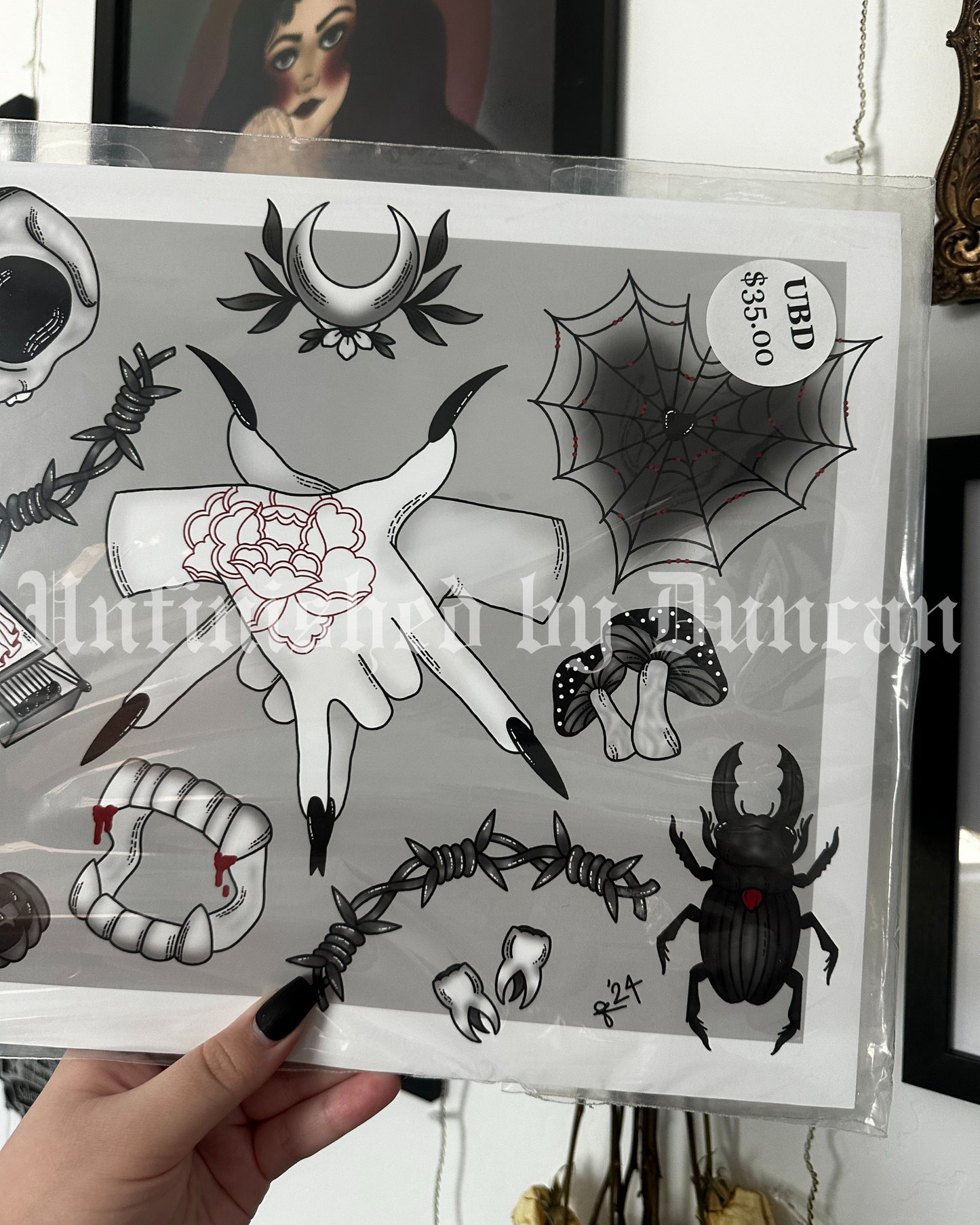 B&W Flash Sheet | Cat Skull, Oddities, Spider Web, Matches, Traditional Tattoo Flash