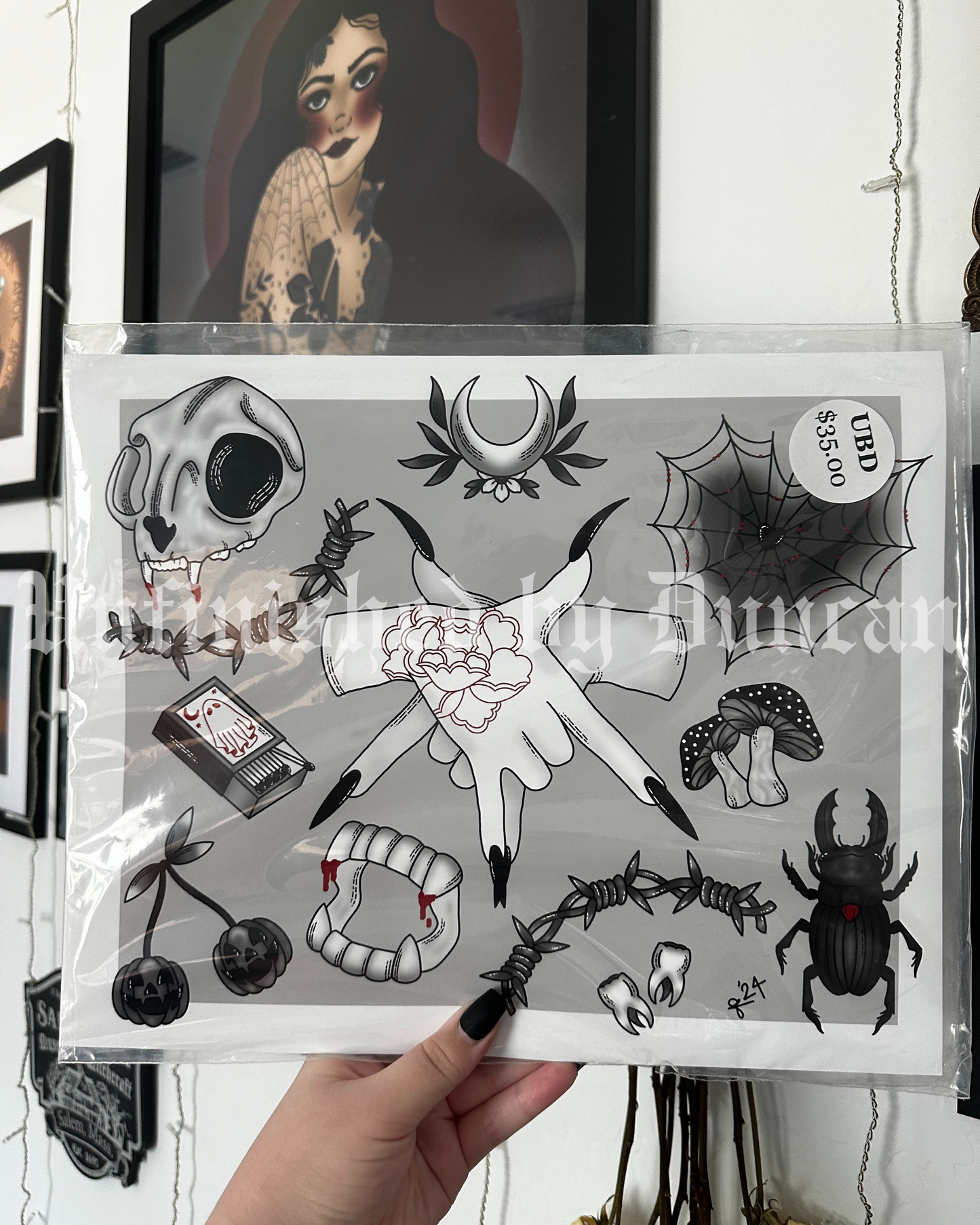 B&W Flash Sheet | Cat Skull, Oddities, Spider Web, Matches, Traditional Tattoo Flash