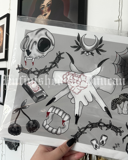 B&W Flash Sheet | Cat Skull, Oddities, Spider Web, Matches, Traditional Tattoo Flash