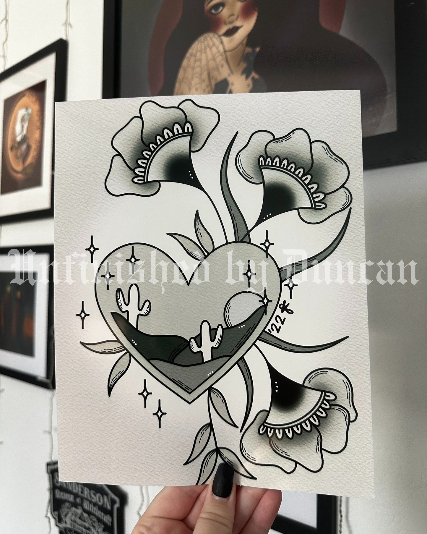 B&W Sunset | Traditional Tattoo Inspired Floral Desert Scene