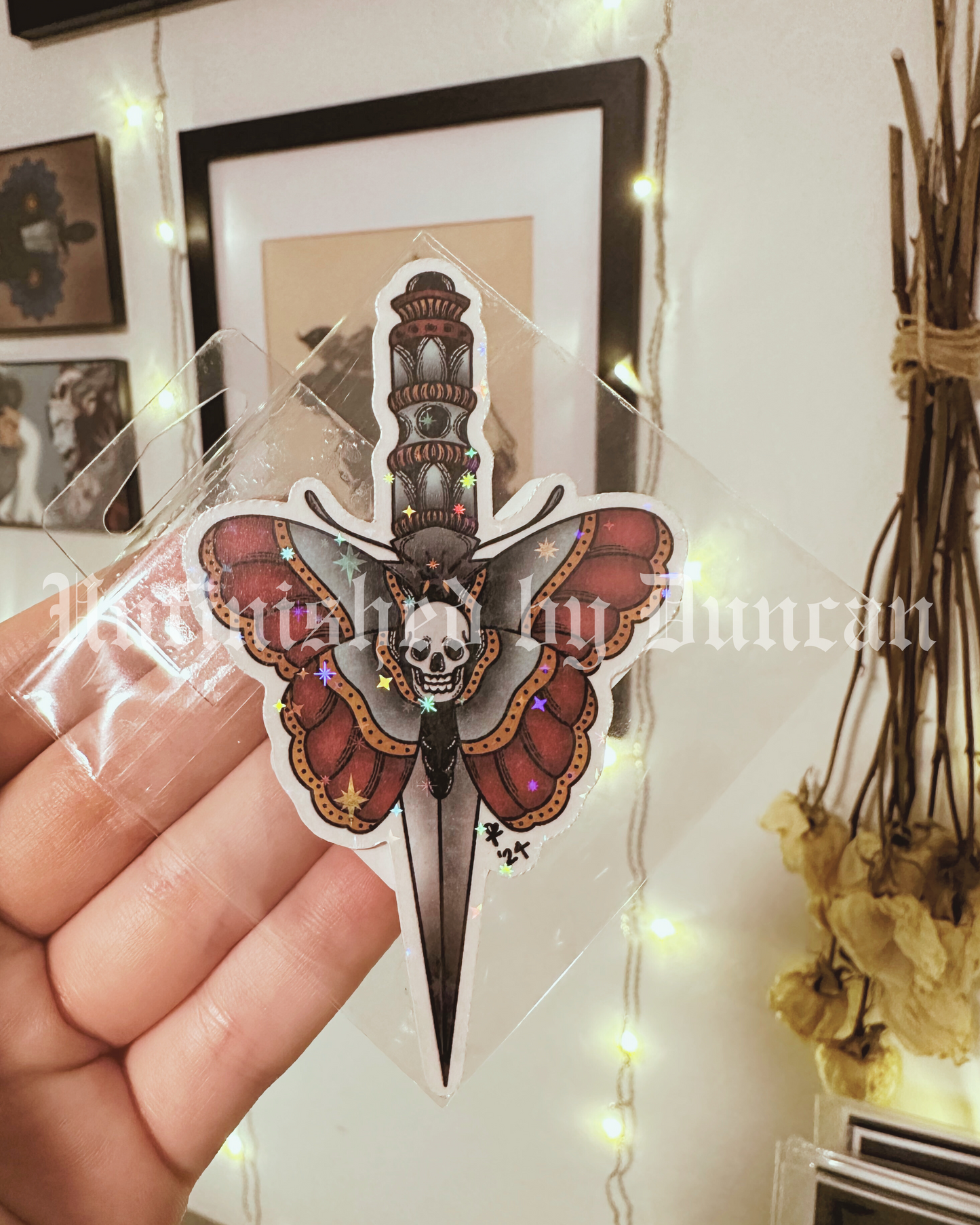 Dagger & Deathmoth Sticker (Reg.) | Traditional Tattoo Inspired Art, Death Moth & Floral Art Sticker