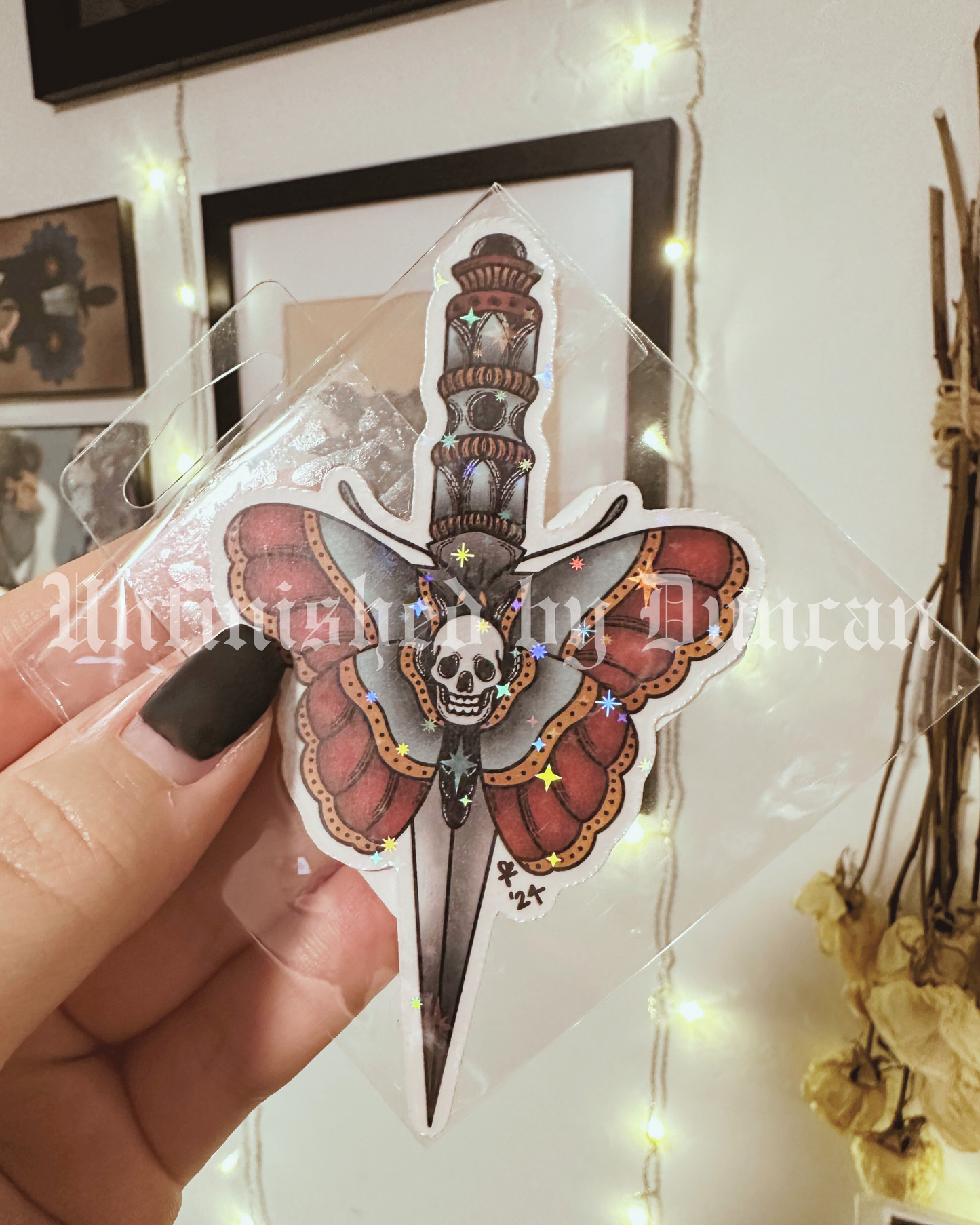 Dagger & Deathmoth Sticker (Reg.) | Traditional Tattoo Inspired Art, Death Moth & Floral Art Sticker