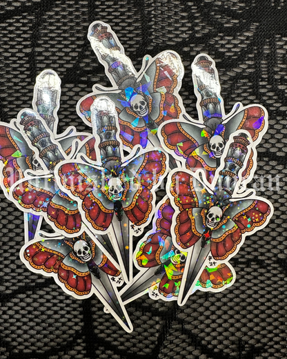 Dagger & Deathmoth Sticker (Reg.) | Traditional Tattoo Inspired Art, Death Moth & Floral Art Sticker