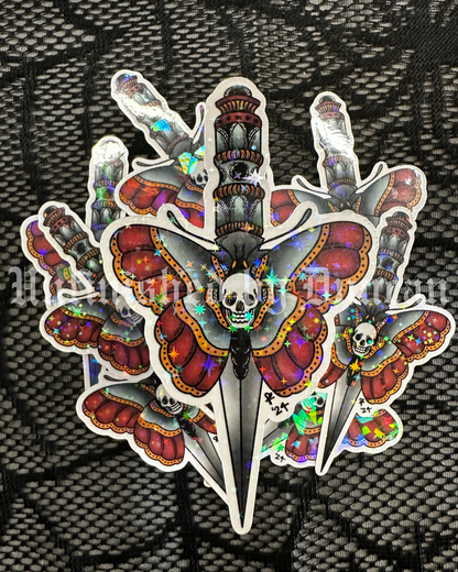 Dagger & Deathmoth Sticker (Reg.) | Traditional Tattoo Inspired Art, Death Moth & Floral Art Sticker