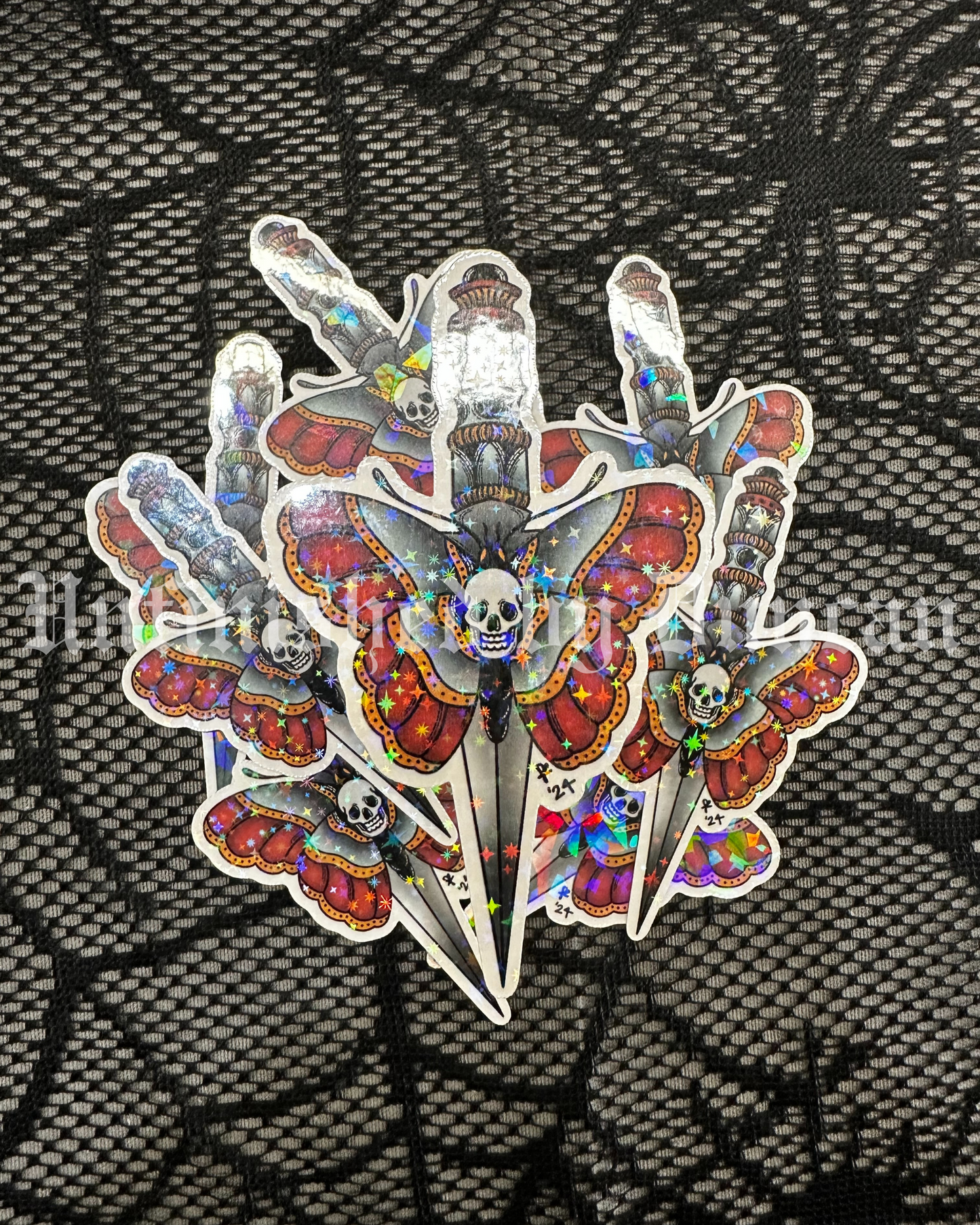 Dagger & Deathmoth Sticker (Reg.) | Traditional Tattoo Inspired Art, Death Moth & Floral Art Sticker