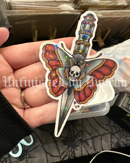 Dagger & Deathmoth Sticker (Reg.) | Traditional Tattoo Inspired Art, Death Moth & Floral Art Sticker