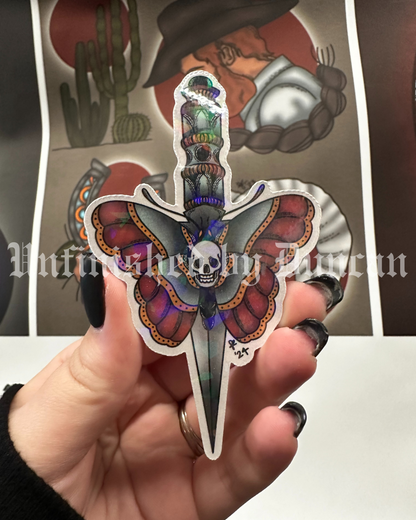 Dagger & Deathmoth Sticker (Reg.) | Traditional Tattoo Inspired Art, Death Moth & Floral Art Sticker