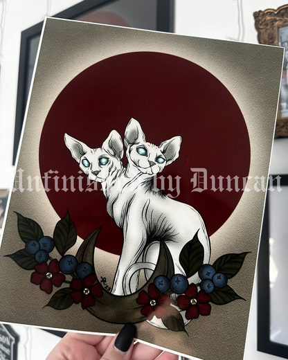 Duality | Double-Headed Sphinx Cat Traditional Tattoo Inspired Art Print