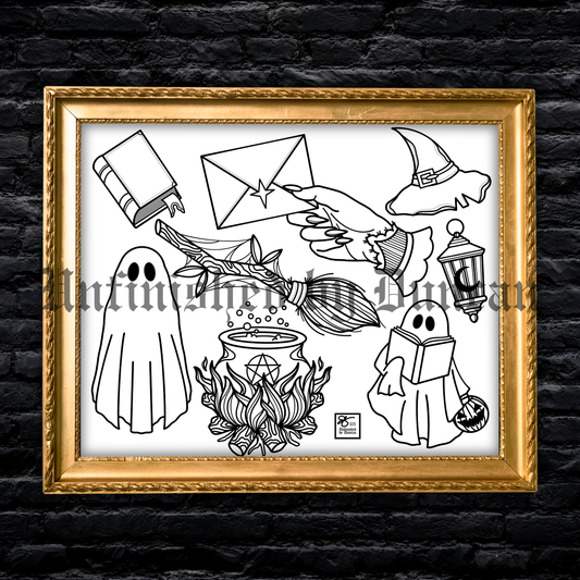 Witchy Bookish Coloring Page | Traditional Tattoo Inspired Art Print Flash Sheet